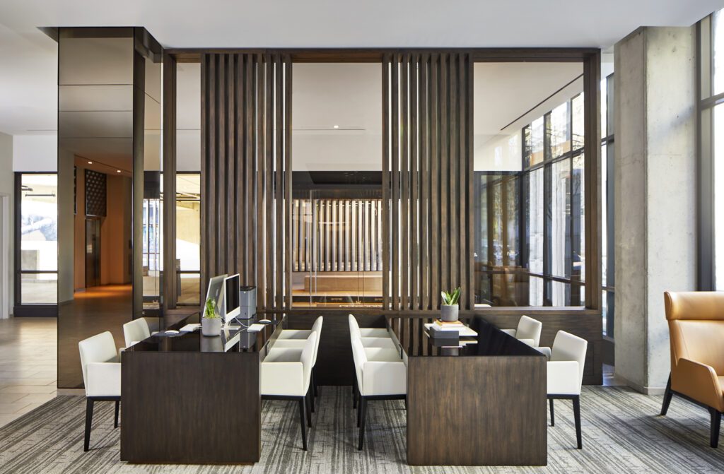 The elegant lobby work area of the AC Hotel Sacramento, designed by California hotel architecture firm AXIS Architecture + Design