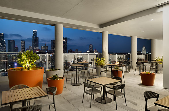 A balcony in The Weingart Tower, Los Angeles' largest affordable housing development