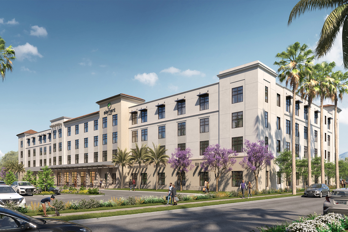 A rendering of the Element Chula Vista, an extended stay hotel designed by Los Angeles hotel architecture firm AXIS Architecture + Design